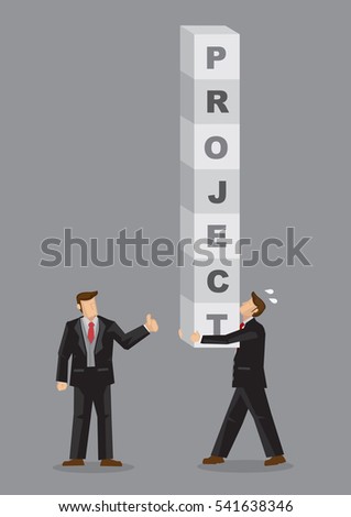 Business professional carries stack of letter blocks that form text Project and deliver to manager with thumbs up gesture. Creative vector illustration on concept for good project management.