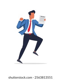 Business professional celebrating a job offer with an enthusiastic pose, perfect for employment, career growth, and HR-related projects