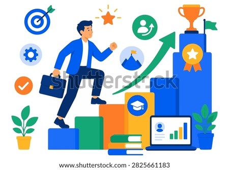 Business professional climbing a growth chart with goals, awards and performance symbols representing career advancement, achievement and company success