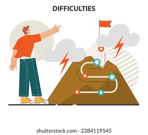 Dificultades empresariales o profesionales. Carácter que lidia con obstáculos y desafíos en el camino hacia su objetivo o éxito. Circunstancias difíciles por superar. Ilustración vectorial plana