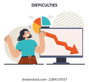 Business or professional difficulties. Character dealing with obstacles and challenges on the way to their goal or success. Hard circumstances to overcome. Flat vector illustration
