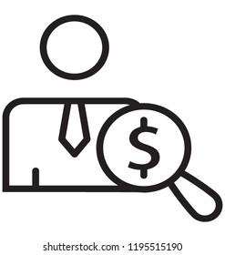 Business professional with dollar inside magnifier denoting icon for auditor