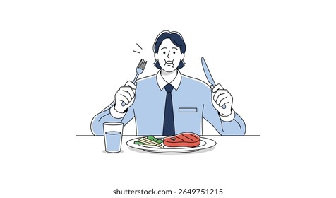 Profissional de negócios desfrutando de uma refeição deliciosa com utensílios prontos para jantar prazer e refresco