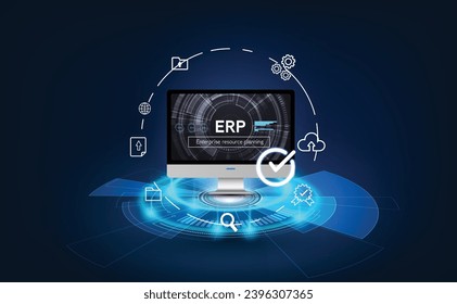 business professional Enterprise resource planning ERP electronic account login secure connection for online HR management software solution with office desk background as wide banner design