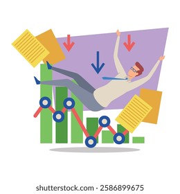 Business professional feeling overwhelmed as sales trends decline. Graphs with downward arrows and scattered paperwork in challenging environment