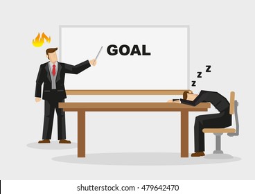 Business professional fell asleep on table when manager makes business presentation on goal. Cartoon vector illustration on business situation isolated on plain background.