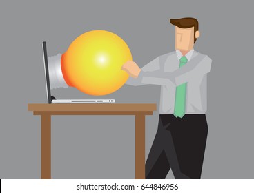 Business professional getting a big light bulb, representation of business idea, from laptop computer. Creative cartoon vector illustration on getting inspiration from internet for work.