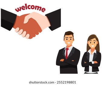 A business professional greets with a welcome gesture and handshake illustration for engagement