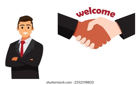 A business professional greets with a welcome gesture and handshake illustration for engagement