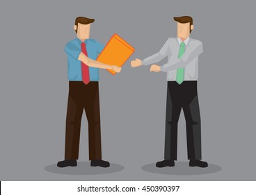 Business professional hands over document file to coworker. Vector cartoon illustration for business situation isolated on grey background.