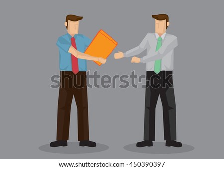 Business professional hands over document file to coworker. Vector cartoon illustration for business situation isolated on grey background.