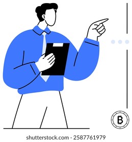 Business professional holding a clipboard, pointing forward towards a Bitcoin symbol. Ideal for blockchain, cryptocurrency, business strategy, financial planning, tech innovation, presentations