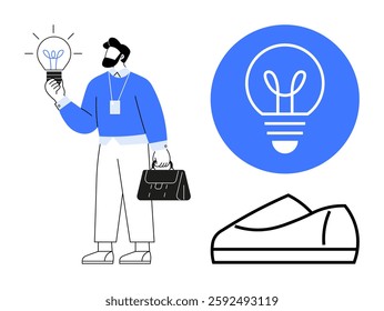 Business professional holding light bulb, carrying briefcase, enlarged light bulb icon in blue circle and casual shoes. Ideal for innovation, startups, business ideas, creativity, professional