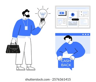 A business professional holds a lightbulb, symbolizing new ideas. Nearby, another individual shows a cashback sign. In the background, data analytics are displayed on a monitor. Ideal for business