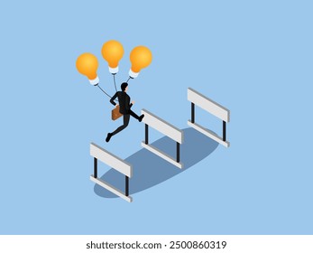 A Business Professional Jumps Over Hurdles with Light Balloons 3d vector illustration concept