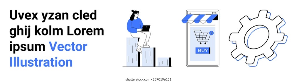 Business professional with laptop and bar graph, online shopping cart on smartphone, and gear mechanism. Ideal for eCommerce startups, digital marketplaces, mobile apps, tech innovation, and data