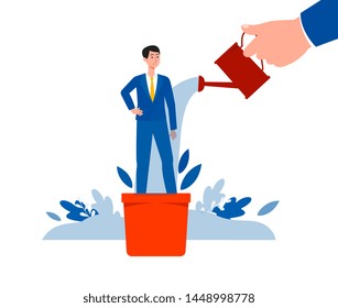 Business professional man in flower pot the development and management career concept, flat vector illustration isolated on white background. Employees growth and training.