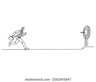 A business professional in motion, holding a briefcase and running towards a target with a bullseye and arrow. Symbolizes pursuit of goals and business achievement. Continuous line illustration