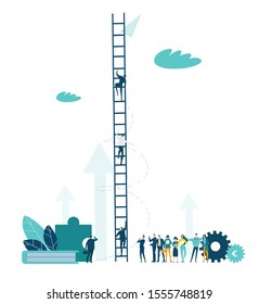 Business and professional people waiting in queue to go on professional ladder.  Business concept illustration