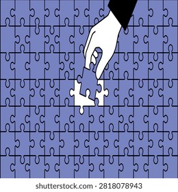 Business professional placing a missing piece into a jigsaw puzzle board with solution business strategy professional complete connection integration decisions achievement challenge together