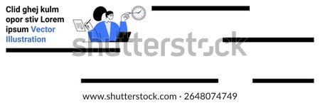 Business professional pointing at a clock with a laptop, documents, and charts. Ideal for business presentations, productivity tools, corporate websites, educational materials, time management apps