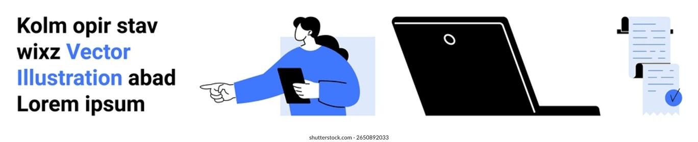 apontamento profissional de negócios, segurando a área de transferência, laptop preto, documentos com marcas de seleção. Ideal para apresentações, conceitos de trabalho remoto, blogs de negócios, tutoriais, guias técnicos, treinamento