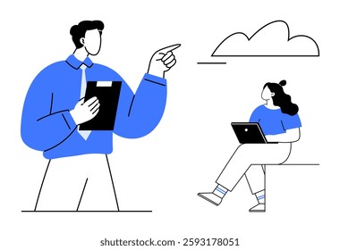 Business professional pointing while discussing with a colleague using a laptop. Ideal for teamwork, communication, project planning, office discussions, online meetings, work collaboration