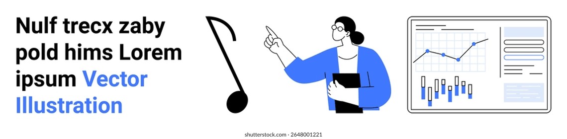 Business professional pointing at a whiteboard with graphs and charts. Musical note symbolizes creativity. Ideal for business, analysis, marketing, presentations, reports, creativity, and education