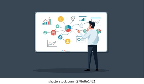 Business professional pointing at a whiteboard with strategy diagrams, graphs, and icons. Illustrates planning, data analysis, and decision-making for