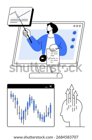 Business professional presenting data on monitor, graph chart analysis, and growth mindset symbols. Ideal for education, online seminars, business growth, training, data analysis, professional