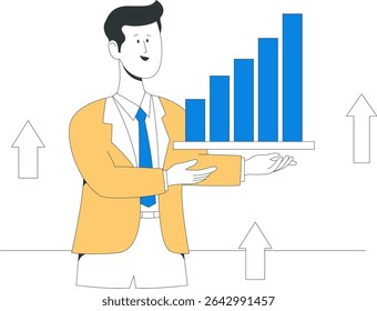 A business professional presents corporate growth through increasing blue bar graphs, with upward arrows in the background emphasizing progress and achievement