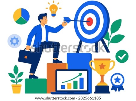 Business professional reaching a target with growth charts, trophy and performance symbols representing goal achievement, leadership and career success