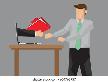 Business professional receives document folder from hand from laptop computer. Creative cartoon vector illustration on using digital technology at workplace.