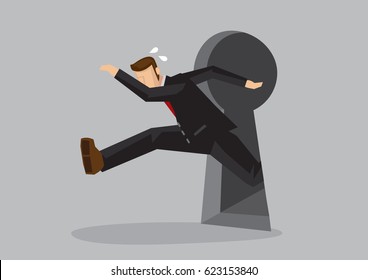 Business professional running out of a keyhole. Creative cartoon vector illustration on business metaphor.