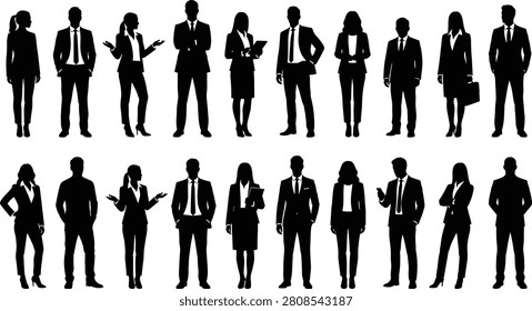 Business professional silhouette vector illustration featuring diverse men and women in corporate attire, teamwork, and office culture.eps