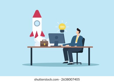 A business professional sits at a desk, brainstorming creative ideas with a computer, a rocket symbolizing innovation, and a light bulb representing inspiration against a blue backdrop.