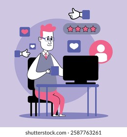 Business professional sitting at desk with computer, actively interacting with online reviews and feedback while holding mug. Friendly online presence concept