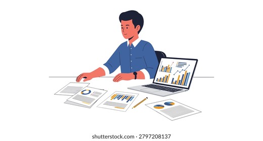 A business professional sitting at a desk while analyzing complex financial charts and data reports displayed on a laptop screen and printed documents