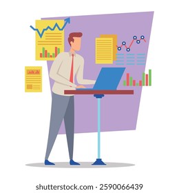 Business professional standing at desk, analyzing graphs and charts on laptop. Various documents with data visuals displayed in background, indicating research activity