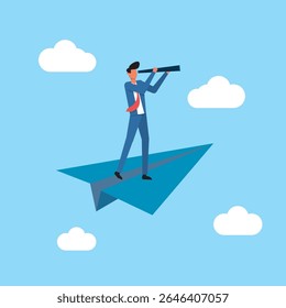 Business Professional Standing on a Paper Plane Using a Telescope to Explore Opportunities in a Bright Sky. Businessman character vector illustration