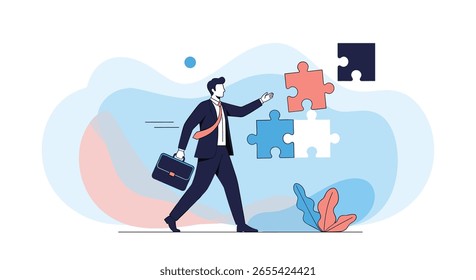 Business professional strategically assembling puzzle pieces for project success