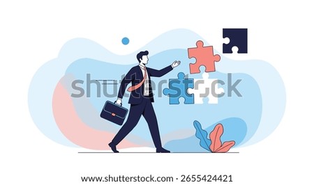 Business professional strategically assembling puzzle pieces for project success