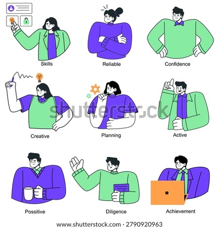 Business professional traits and soft skills vector illustration set. Flat cartoon characters demonstrating workplace core values including skills, reliable, confidence, creative, planning, active, positive, diligence, and achievement. Perfect for human resources, career coaching, corporate culture, employee training materials, work ethic concepts, and infographic design.