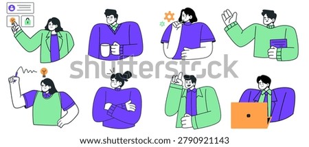 Business professional traits and soft skills vector illustration set. Flat cartoon characters demonstrating workplace core values including skills, reliable, confidence, creative, planning, active, positive, diligence, and achievement. Perfect for human resources, career coaching, corporate culture, employee training materials, work ethic concepts, and infographic design.