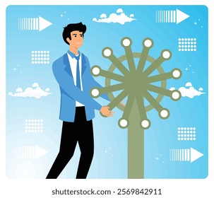 Business professional using conceptual data visuals, surrounded by futuristic graphics and innovative technology elements. Represents business growth, data visualization, and technological interaction