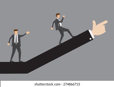 Business professional walking up in the direction as advised. Creative vector illustration for business concept isolated on plain grey background.