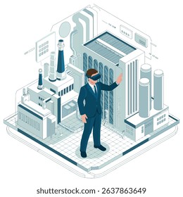 Business professional wearing vr headset interacting with digital factory representation exploring smart industry automation and innovative future technologies