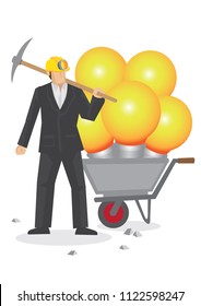 Business professional with a wheelbarrow of huge light bulbs. Vector cartoon illustration on metaphor for someone full of ideas isolated on white background.