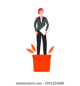 Business professional woman in flower pot the development growing and management career concept, flat vector illustration isolated on white background. Employees growth.