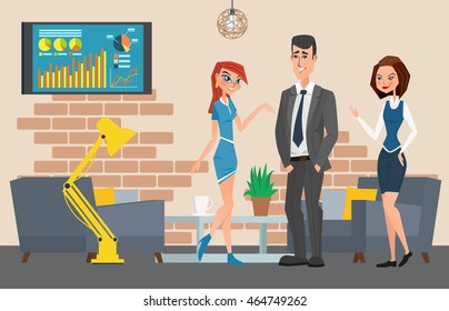 Business professional work. Businesspeople or office workers in interior building, characters, actions and activities. Vector creative illustrations flat design. Worker people Man and Women.